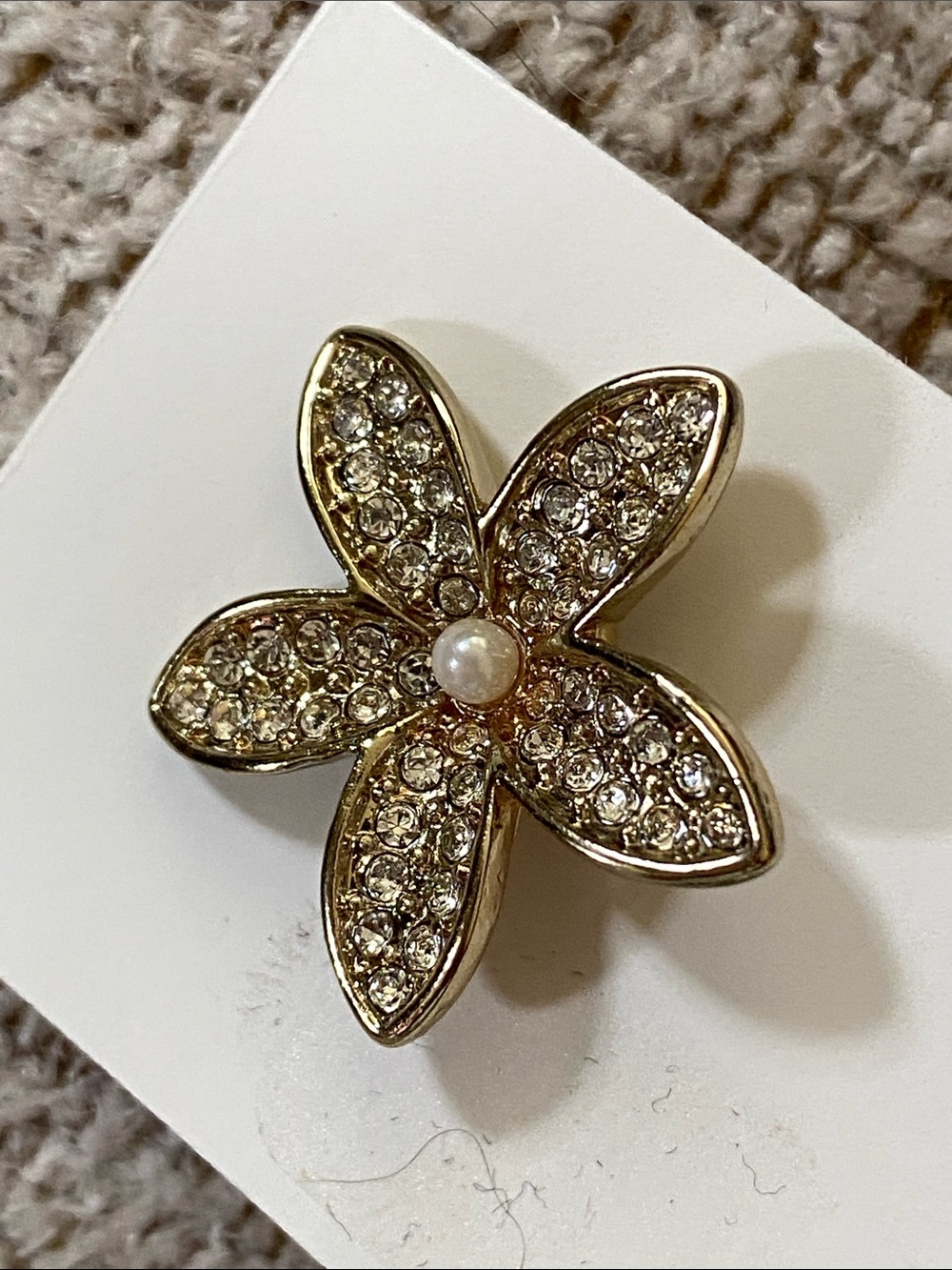 Anne Klein Gold and Pearl Crystal Flower Pin pave crystals signed vintage